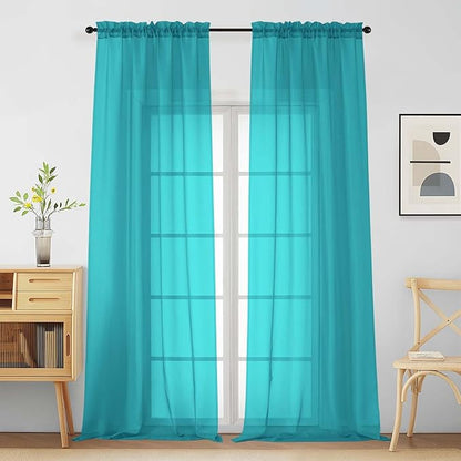 Turquoise Sheer Curtains for Window 96 Inches Long 2 Panels, Soft Airy Light Filtering Voile Sheer Curtains for Living Room Bedroom, Dual Rod Pocket Elegant Window Drapes, 2x42Wx96L Inches