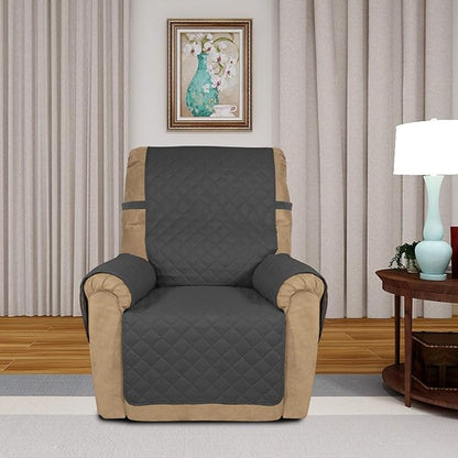 PureFit Reversible Quilted Sofa Cover, Water Resistant Slipcover Furniture Protector, Washable Couch Cover with Non Slip and Elastic Straps for Kids, Dogs, Pets (Small Recliner, Dark Gray/Beige)