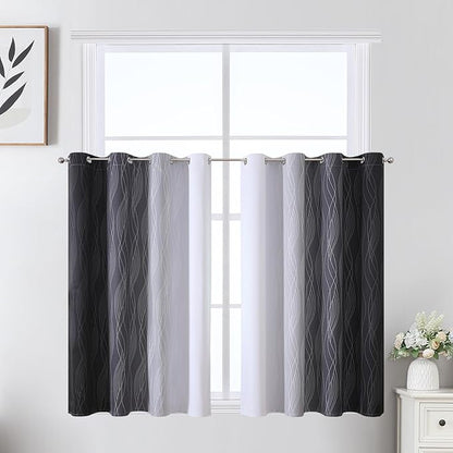 Estelar Textiler Black and Greyish White Ombre Short Blackout Kitchen Curtains 36 Inch Long, Thermal Insulated Grommet Small Half Window Drapes for Cafe/Basement/RV Camper, 52Wx36L, 2 Panels