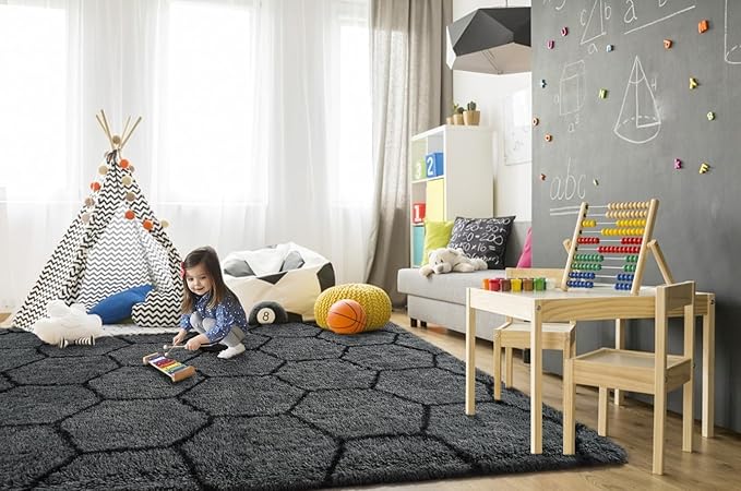 TWINNIS Super Soft Shaggy Rugs Fluffy Carpets, 5x8 Feet, Indoor Modern Plush Area Rugs for Living Room Bedroom Kids Room Nursery Home Decor, Upgrade Anti-Skid Rectangular Fuzzy Rug, Dark Gray