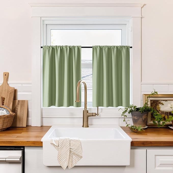 RYB HOME 100% Blackout Short Curtains for Small Window, Thermal Insulated Total Room Darkening Noise Reducing Curtains for Basement Bathroom RV Cars, 29 inches Wide by 30 inches Long, Sage Green