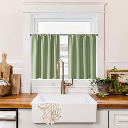 RYB HOME 100% Blackout Short Curtains for Small Window, Thermal Insulated Total Room Darkening Noise Reducing Curtains for Basement Bathroom RV Cars, 29 inches Wide by 30 inches Long, Sage Green