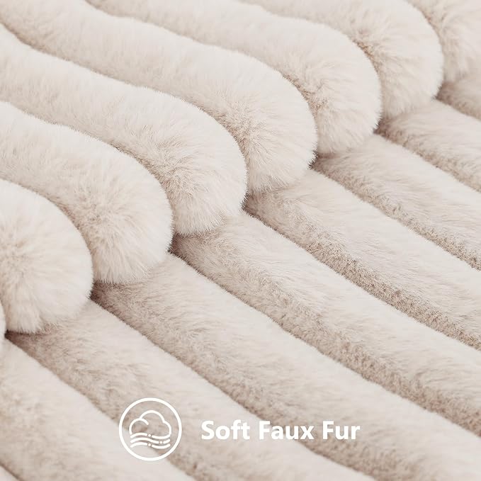 decorUhome Summer Cozy Faux Fur Throw Pillow Covers 24x24 Set of 2 Decorative Soft Plush Striped Modern Farmhouse Boho Couch Euro Sham Pillow Cases with Velvet Back for Sofa Bed Living Room, Beige