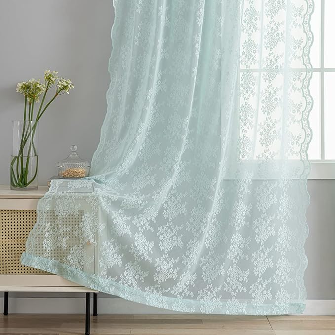 YJ YANJUN Vintage Lace Curtains 84 Inches Long-Victorian Floral Pattern Aqua Sheer Curtain Panels for Living Room Bedroom,Light Filtering, Memaid Beachy Drapes 2 Panels 52W x 84L Mint Green