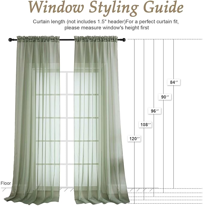 OVZME Sage Green Bedroom Curtains 96 Length for Farmhouse, 59 Inch Extra Wide Light Filtering Voile Drapes Light Airy Window Decor for Patio Door Living Room Bedroom Dining, 59Wx96L Inches