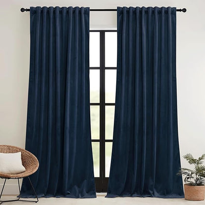 RYB HOME Navy Blue Velvet Curtains 102 inches with Hook Belt, Soft Fabric Room Darkening Thermal Insulated Luxurious Home Decor Curtains for Living Room Bedroom, W 52" x L 102", 2 Panels Set