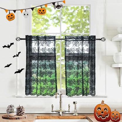 YJ YANJUN Vintage Lace Curtains 24 inch Length Set of 2 Victorian Gothic Short Half Curtains for Kitchen Bathroom RV Light Filtering Small Window Drapes Halloween Goth Dark Room Decor 26 x 24 Black