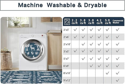Washable Rugs 8x10 Area Rugs for Living Room,Bedroom,Dining Room- Large Ultra Soft Faux Wool Retro Carpet,Non Slip&Non-Shedding Low Pile Vintage Print Rug for Home Office Dorm Playroom-Blue
