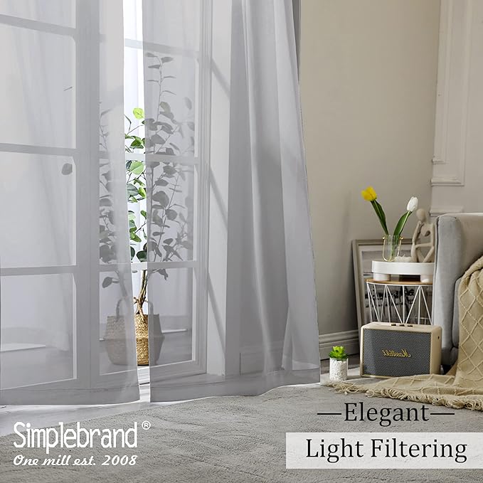 Simplebrand Grey Sheer Curtains 84 Inches Long, Light Filtering Rod Pocket Solid Color Window Sheer Curtain Panels, Elegant Curtains & Drapes for Living Room 2 Panels (Charcoal Grey, 2x42x84'')
