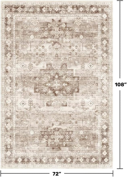 Washable Neutral Farmhouse Living Room Rug, 6x9 Area Rugs for Bedroom, Dining Room Under Table Carpet, Kids Room, Large Boho Vintage Non-Slip Floral Rugs Low Pile Stain Resistant (6x9 Beige/Latte)