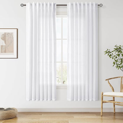 Snow White Linen Curtains 72 Inches Long for Living Room Light Filtering Semi Sheer Curtain Back Tab Luxury Neutral Coastal Modern Farmhouse Decor Drapes for Bedroom Dinner Room 52x72, 2 Panels