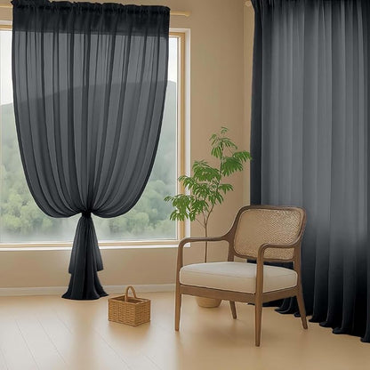 Black Sheer Curtains for Windows 108 inches Long 2 Panels Set, Soft Lightweight Light Filtering Drapes for Living Room Bedroom, Dual Rod Pocket Sheer Curtains, 2x42Wx108L inches