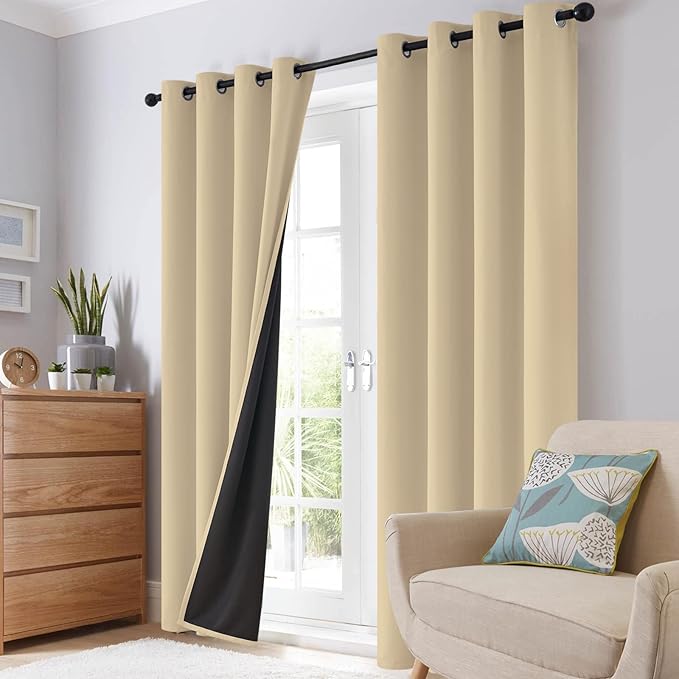 SimpleHome 100% Blackout Curtains for Bedroom,Thermal Insulated Beige Grommet Window Drapes Room Darkening Curtains for Living Room with Black Back,52 x 45 Inch,2 Panels