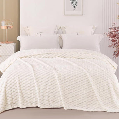 Exclusivo Mezcla Fleece Queen Blanket for Bed, Extra Large Fuzzy Ivory Bed Blankets, Soft Cozy Plush Sofa Throws for All Seasons, 90x90 Inches