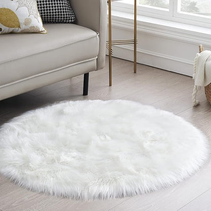 White Fluffy Round Fur Area Rug for Bedroom, Circle Faux Fur Rugs for Kids Room, Cute Fuzzy Nursery, Shaggy Circular Rugs Floor Carpets for Teens Girls Rooms Home Decor, 4 x 4 Feet