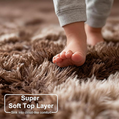 Amdrebio Tie-Dyed Brown Round Circle Rugs 5Ft for Bedroom, Fluffy Shag Plush Area Rugs for Kids Room, Living Room Decor Aesthetic, Fuzzy Fur Throw Floor Carpet for Playroom Preppy Dorm Baby Nursery