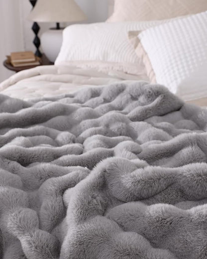 Ultra Soft Cozy Faux Fur Throw Blanket, Fuzzy Plush Thick Bubble Blanket, Oversize Luxury Fluffy Blanket for Couch, Bed, and Living Room, 60x80 Inches, Light Grey