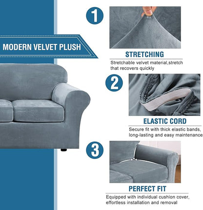 H.VERSAILTEX Velvet 4 Piece High Stretch Sofa Slipcover Cover Furniture Protector Form Fit Luxury Thick Velvet Extra Large Sofa Cover for 3 Cushion Couch Width Up to 105 Inch(XL Sofa, Stone Blue)