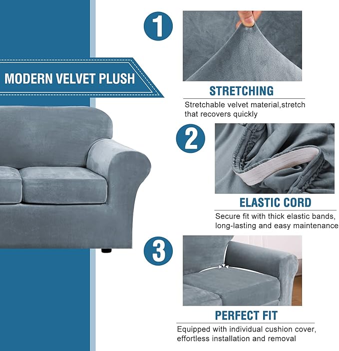 H.VERSAILTEX Modern Velvet Plush 4 Piece High Stretch Sofa Slipcover Sofa Cover Furniture Protector Form Fit Luxury Thick Velvet Sofa Cover for 3 Cushion Couch Width Up to 90 Inch (Sofa,Stone Blue)