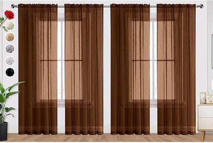 SpaceDresser Brown Sheer Curtains 4 Panels Rod Pocket Semi-Sheer Curtain 72 Inches Long Light Filtering Voile Window Drapes for Bedroom Living Room Kitchen, Each 52W x 72L