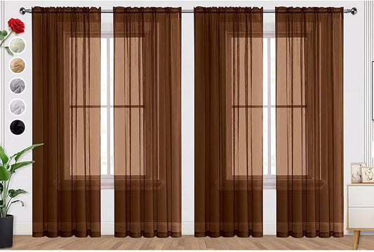 SpaceDresser Brown Sheer Curtains 4 Panels Rod Pocket Semi-Sheer Curtain 72 Inches Long Light Filtering Voile Window Drapes for Bedroom Living Room Kitchen, Each 52W x 72L