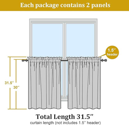 OWENIE Short Sheer Curtains 30 Inches 2 Panels Set, Kitchen Tiers Light Filtering Rod Pocket Cafe Curtains for Kitchen Bathroom Small Half Window, 42 in W x 30 in L, Ivory