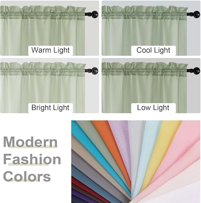 Light Green Kitchen Curtains 30 Inch Length Tier 2 PCS, Solid Soft Airy Half Curtains for Windows, Sheer Rod Pocket Drapes for Bathroom Basement Small Window, Light Green, 42" Wx30 L Inches
