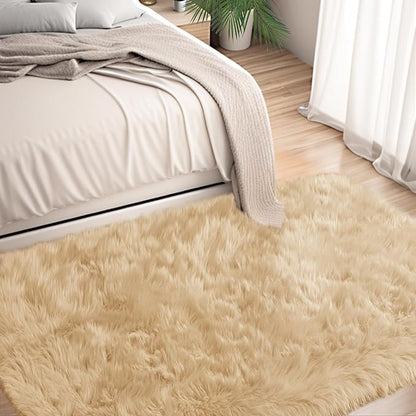 Ciicool Beige Fur Fluffy Rug, 2x4 ft Small Faux Fur Rugs for Bedroom, Washable Faux Sheepskin Rug for Sofa Couch Seat Cushion, Thick Shaggy Furry Rugs Floor Carpets for Bedside Living Room