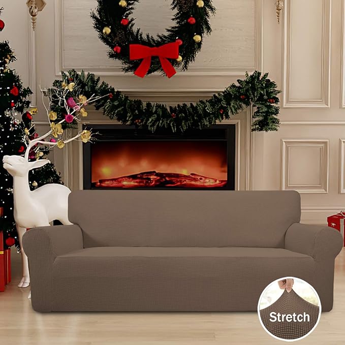 Easy-Going Stretch Oversized Sofa Slipcover 1-Piece Sofa Cover Furniture Protector Couch Soft with Elastic Bottom for Kids, Polyester Spandex Jacquard Fabric Small Checks Brown