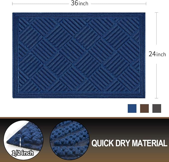 Mibao Front Door Mat, Dirt Trapper Welcome Mat for Outdoor Indoor, Non-Slip Waterproof Doormat, Durable Machine Washable Low Profile Entry Rug for Back Door Outside Patio Porch, 35.5" x 24", Blue