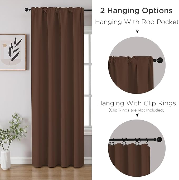 CUCRAF Brown Blackout Curtains 54 inch Length 2 Panels Set, Rod Pocket Room Darkening Drapes for Bedroom Living Room, Insulated Thermal Light Blocking Window Curtain (W52 x L54 Inch)