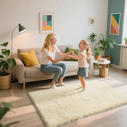 Shag Area Rug for Bedroom 3x5,Ivory Fluffy Area Rugs for Living Room,Soft Fuzzy Rug Non-Shedding Indoor Plush Carpet for Kids Bedroom Nursery Dorm Home Decor