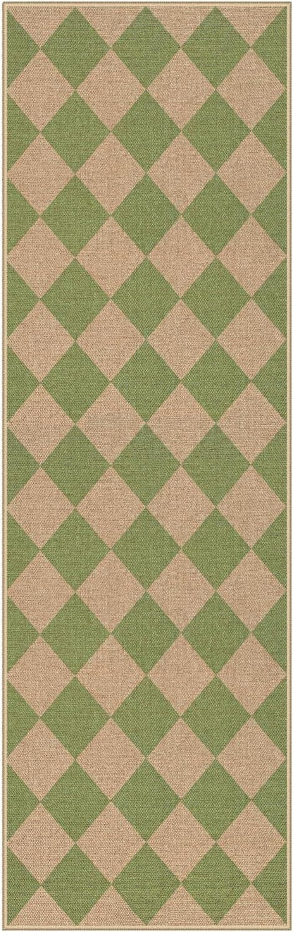 Lahome Colette Checkered Green Runner Rug, 2x8 Carpet Runners for Hallway 8ft Non Slip Entryway Rug, Farmhouse Checkerboard Non Shedding Kitchen Mats for Floor Laundry Corridor