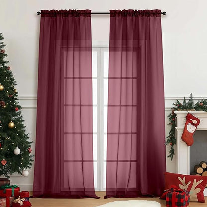 Sheer Curtains for Window 96 Inches Long 2 Panels Set, Soft Airy Light Filtering Voile Sheer Curtains for Living Room Bedroom, Dual Rod Pocket Elegant Window Drapes, Burgundy, 2x42Wx96L Inches