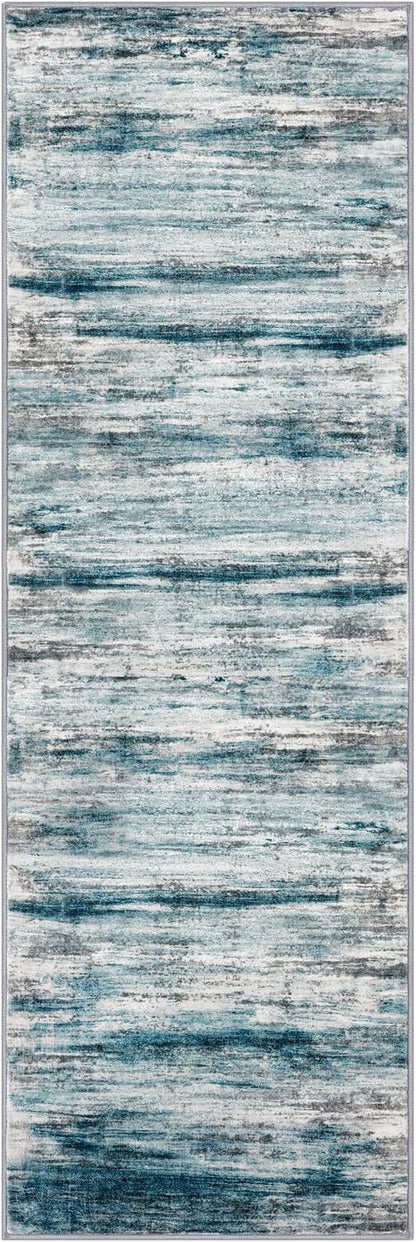 KOZYFLY Runner Rug 3x8 Modern Ombre Runners for Hallways, Washable Rugs for Bedroom Non-Slip Soft Stain Resistant Striped, Print Blue Abstract Carpet for Living/Laundry/Kid Room