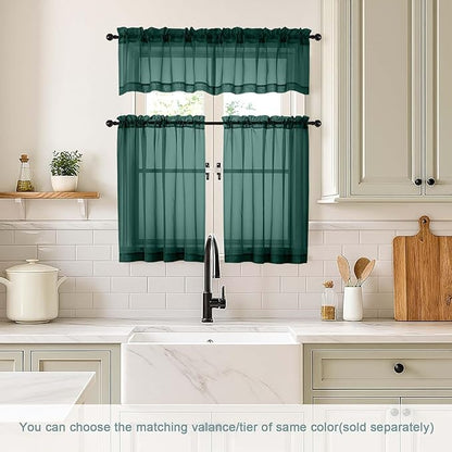 Green Sheer Curtains Tier 30 Inches Length 2 Panels, Light Filtering Lightweight Soft Window Drapes, Cute Elegant Cafe Curtains for Nursery, Dual Rod Pocket, Hunter Green, 2x42Wx30L Inches