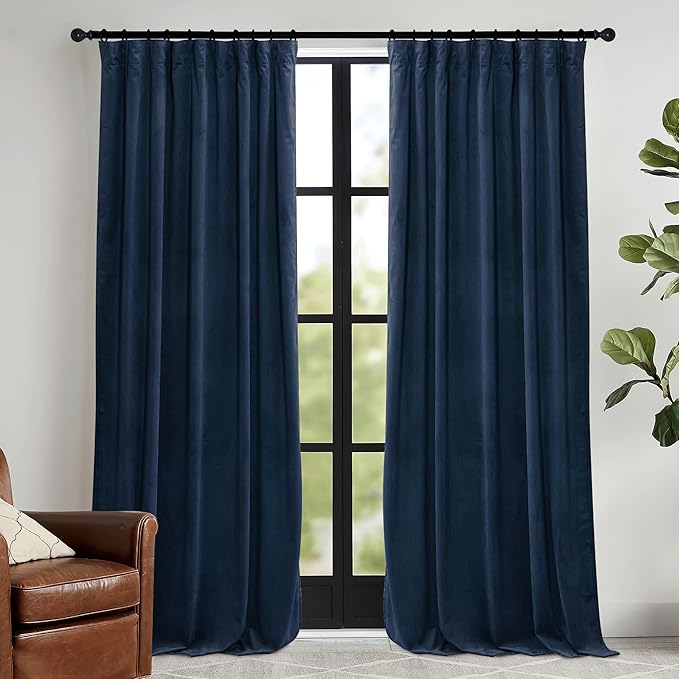 RYB HOME Navy Blue Velvet Curtains 102 inches with Hook Belt, Soft Fabric Room Darkening Thermal Insulated Luxurious Home Decor Curtains for Living Room Bedroom, W 52" x L 102", 2 Panels Set