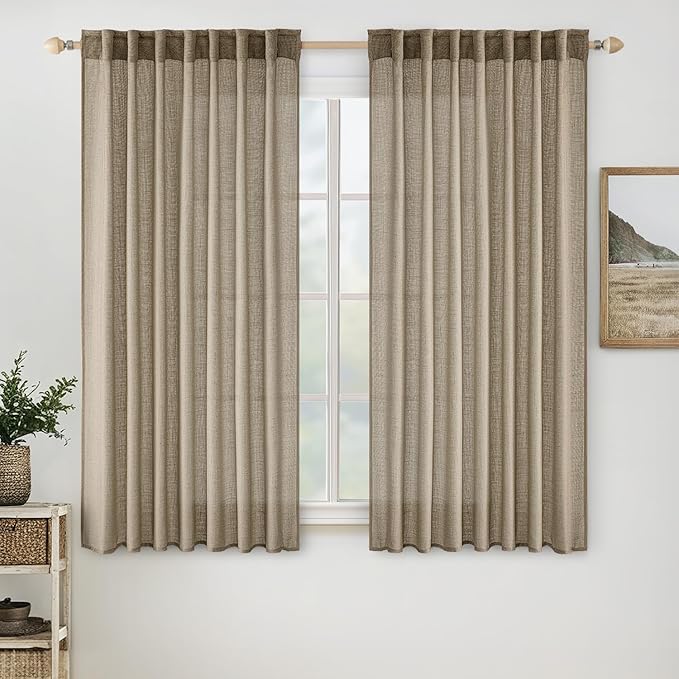 MIULEE Taupe Grey Linen Curtains 45 Inch Length 2 Panels for Bedroom Living Room, Soft Linen Textured Window Drapes Semi Sheer Light Filtering Back Tab Rod Pocket Farmhouse Modern Burlap Look Decor