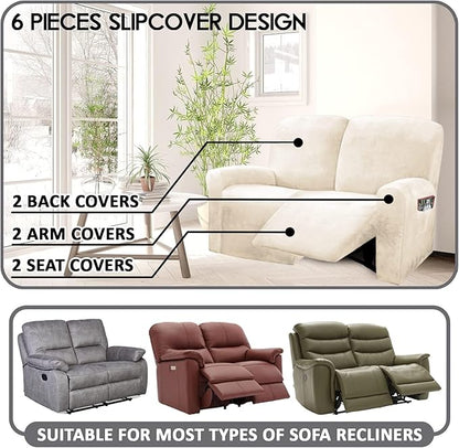 ULTICOR Reclining Love Seat Slipcover, 48" - 65" L, 6-Piece Velvet Stretch Loveseat Reclining Sofa Covers, 2 seat Love seat Recliner Cover, Thick, Soft, Washable (Ivory)