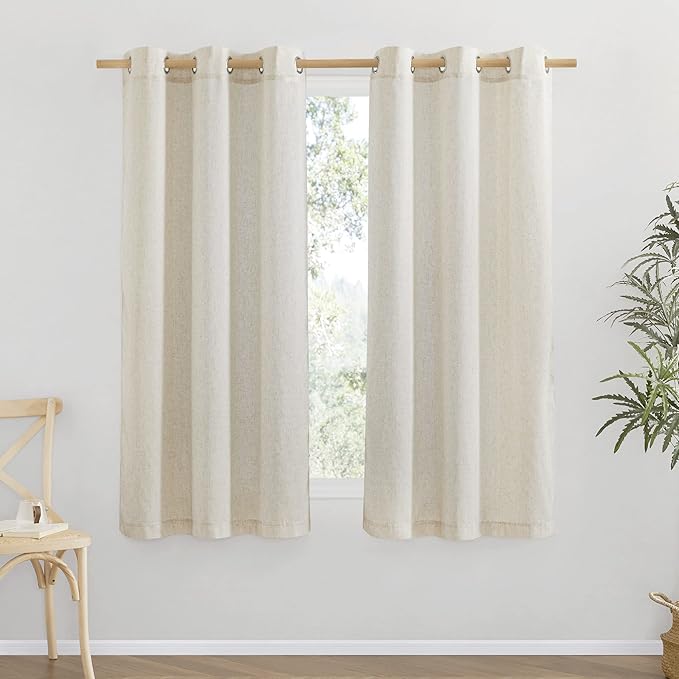 NICETOWN Thick Linen Blend Curtains Flax Textured for Bedroom, Rustic Grommet Semi Sheer Privacy Added Window Curtains & Drapes Light Filtering for Nursery, Natural, W42 x L63, Set of 2