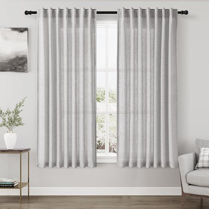 Nanspring Grey Linen Curtains 63 Inches Length 2 Panels Set for Living Room Back Tab Pocket Modern Light Filtering Semi Sheer Drapes Cotton Linen Textured Grey Window Curtain 52X63 Inches