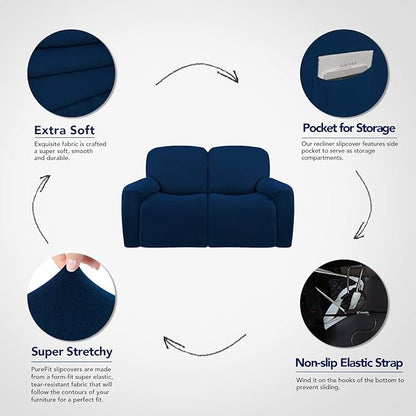 PureFit Super Stretch Loveseat Recliner Sofa Couch Cover with Pocket – 2 Seats Non Slip Soft Sofa Slipcover, Washable Reclining Furniture Protector for Kids, Pets (Recliner Loveseat, Navy)