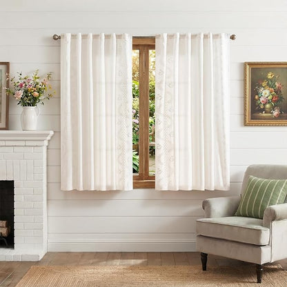 jinchan Belrose Linen Floral Cafe Curtains 45 Inch Length Embroidered Farmhouse Curtains for Kitchen Bedroom Bathroom Small Windows Curtain Set Light Filtering 2 Panels White