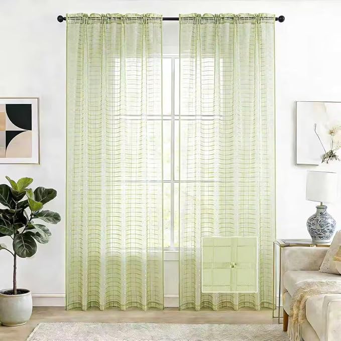 SpaceDresser Check Sheer Curtains 63 Inches 2 Panels Set, Rod Pocket Plaid Window Curtain for Living Room, Sage Green Semi Sheer Drapes for Kitchen Bedroom Children Room Yard（Sage Green, 52W x 63L）