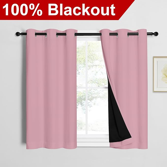 NICETOWN 100% Blackout Short Curtains with Black Liners, 2 Panels, 37" W by 40" L, Crystal Pink, Thermal Insulated Full Blackout 2-Layer Lined Drapes, Energy Efficiency Window Draperies for Bedroom