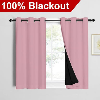 NICETOWN 100% Blackout Short Curtains with Black Liners, 2 Panels, 37" W by 40" L, Crystal Pink, Thermal Insulated Full Blackout 2-Layer Lined Drapes, Energy Efficiency Window Draperies for Bedroom