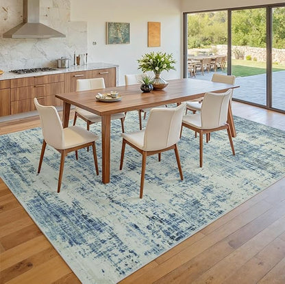 8x10 Area Rugs for Living Room Washable Rug: Anti-Skid Abstract Modern Living Room Rug Soft Thin Carpets Indoor Floor Non-Shedding Carpet for Bedroom Dining Farmhouse Nursery Blue Gray Gold