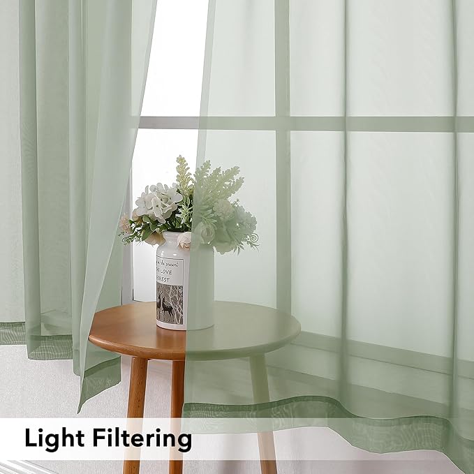 Simplebrand Rod Pocket Top Solid Voile Sheer Curtains for Bedroom, 54 Inch Length Drapes Set of 2, Lightweight and Light Filtering Elegant Sage Curtains Panels Window Treatment, 42W×54L, Sage