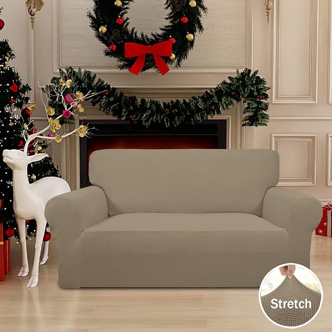 Easy-Going Stretch Loveseat Slipcover 1-Piece Sofa Cover Furniture Protector Couch Soft with Elastic Bottom for Kids Polyester Spandex Jacquard Fabric Small Checks (Loveseat, Natural)