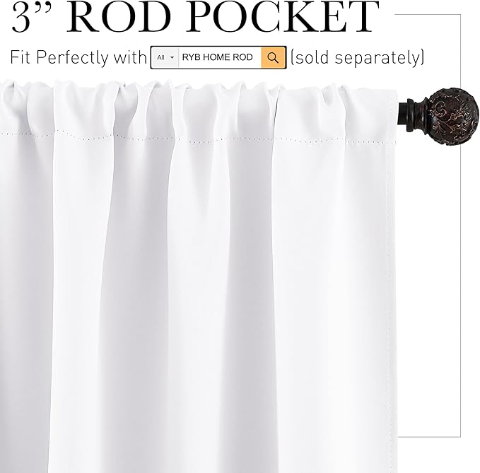 RYB HOME Curtains for Bedroom Living Room 72 inches Long, Thermal Insulated Privacy Rod Pocket Drapes for Nursery Office Home Theater, Width 42 by Length 72, Pure White, 2 Panels